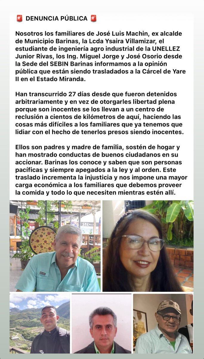 mariangeloss's tweet photo. ‼️DENUNCIA PUBLICA ‼️
Ex alcalde José Luis Machín, Ing José Osorio, Ing Miguel Jorge, Lic Ysaira Villamizar y Junior Rivas estan siendo trasladados al Estado Miranda. 
SON PERSONAS HONESTAS E INOCENTES!!!
#barinas
#Venezuela 
@JEPvzla @LibertadLuchSoc @ReporteYa @ https://t.co/cR3LsqOEVr