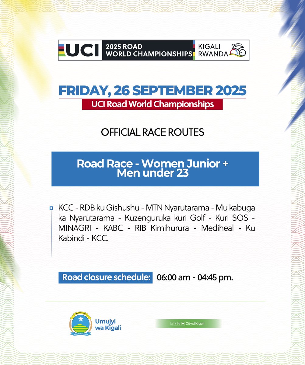 Official race routes for Day 6 of the UCI Road World Championships in #KigaliYacu.

Join us in large numbers to support the riders, whose talent ensures a bright future for cycling. Cheer them on along the race routes or at the KCC-Kigali Heights roundabout.

#Kigali2025