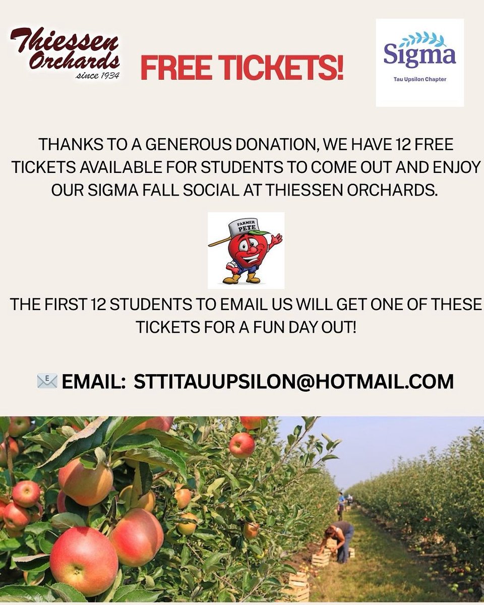 GIVEAWAY TIME!

We’re so excited to share that, thanks to a generous donation, we have 12 FREE tickets for students to join us at our Sigma Fall Social at Thiessen Orchards! 🍂

📧 To have a chance at a FREE ticket, email us at sttitauupsilon@hotmail.com