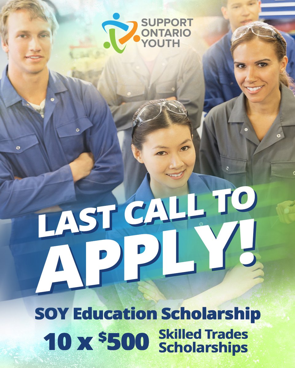 🚨 Last chance to apply!
The SOY Education Scholarship is closing today. Ten apprentices will each receive $500 to support classroom and training costs in a variety of skilled trades.

Don’t miss this opportunity. Submit your application now:
👉 supportontarioyouth.ca/soy-education-…