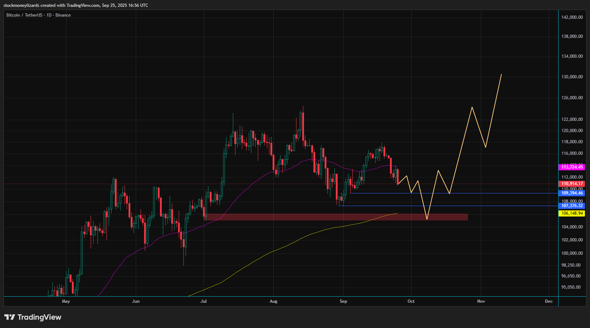Bitcoin the promised update. As expected we saw a fakeout / stop hunt now  pushing price below 110k. For me the key levels are 109 / 107 / 105k  (roughly ;). I