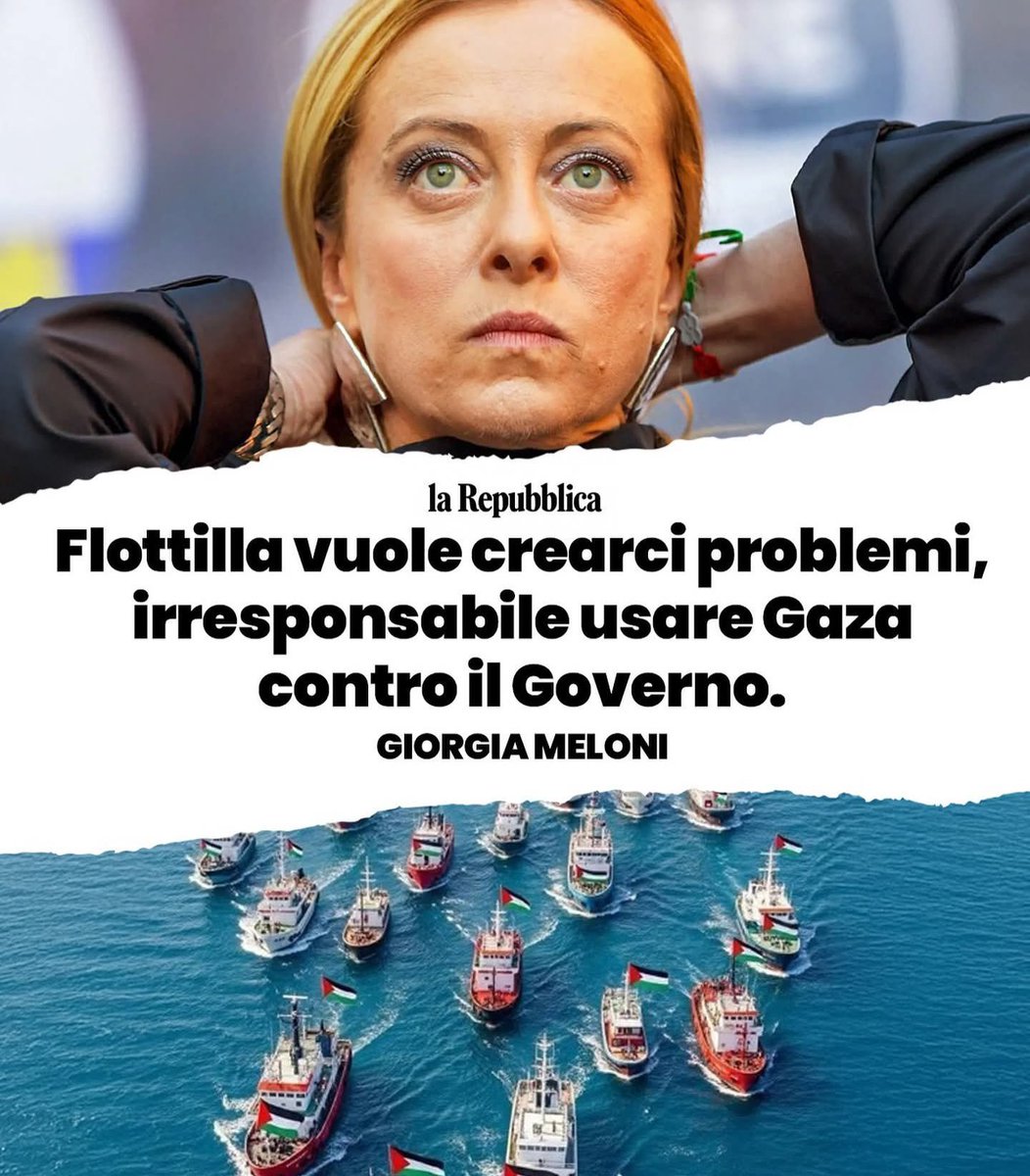 500 persone. 
44 nazionalità differenti. 
Oltre 40 imbarcazioni.
Secondo la Meloni, non sono mica partite per svegliare le coscienze del mondo su quanto avviene a Gaza, ma solo per creare problemi al suo Governo.
#governomeloni Vs #Flotilla #GlobalSumudFlotilla #Gaza