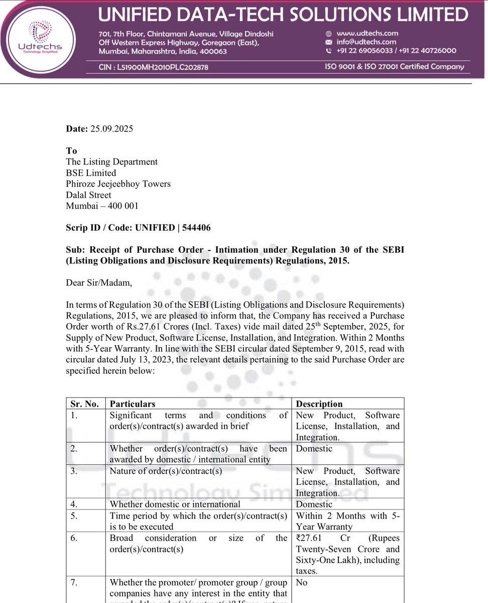 Prefmarkits's tweet image. Unified Data tech : 401

Today, on 29.05.2025,

Company got order worth ₹27.61 Crs for new products, 
Software Incense and installation.

Keep on Radar.

#unifieddata