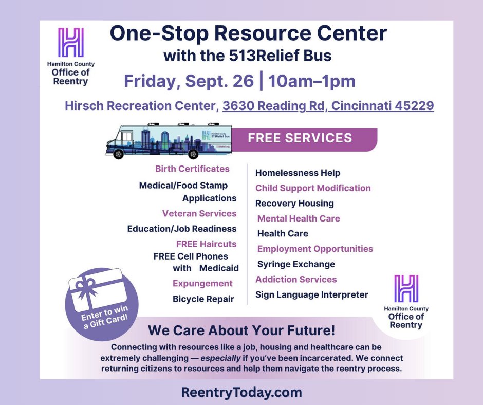 Join #GCBHS TOMORROW 9/26 at the September One Stop, sponsored by the Hamilton County Office of Reentry. Resources include FREE birth certificates, food stamp apps, phones, expungement info, haircuts, and MORE, at the Hirsch Recreation Center, 3630 Reading Road from 10am-1pm.