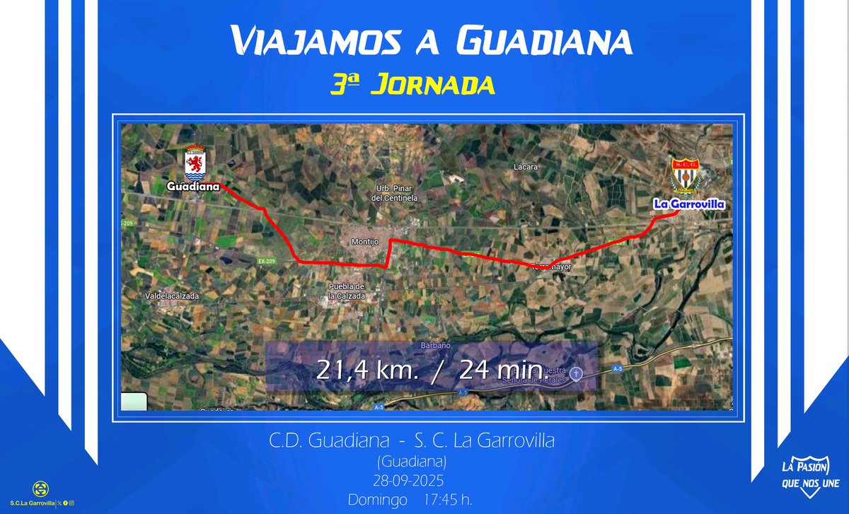 🔹VIAJAMOS JUNTOS ESTA TEMPORADA 

Jornada 3 🆚 <a href="/CD_Guadiana_/">CD Guadiana</a>

📅 Domingo 28 de septiembre 
⌚ 17:45 horas 
🏟️ Ernesto Dánchez Millàn 
➡️ Guadiana 

#LaPasiónQueNosUne⚽💙
