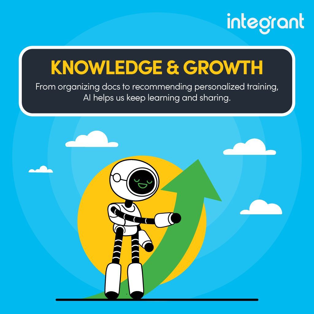 integrant's tweet photo. More ways we use AI at Integrant: 

📝 Meeting summaries 
 💬 Stakeholder sentiment 
 📚 Knowledge management 
 🎯 Personalized learning 
 🌟 Human + AI = Better Together https://t.co/J7VdAjpiVS