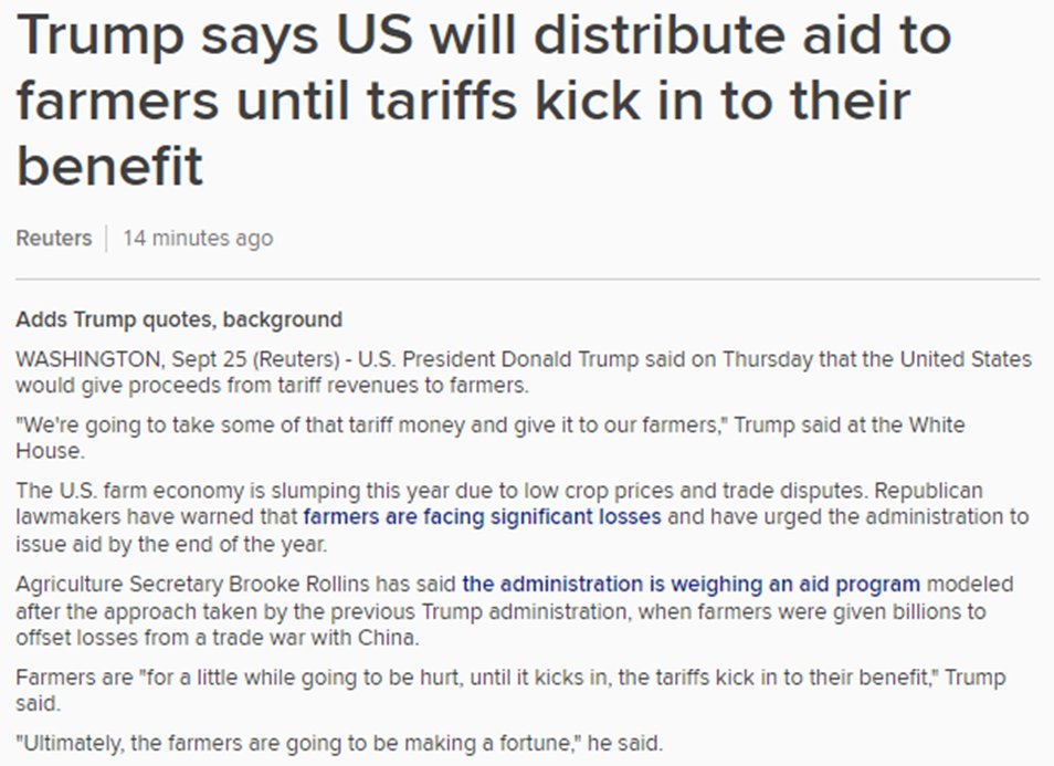 🇺🇸Trump said on Thursday that U.S. farmers will receive some of the proceeds from tariff revenues.

"Ultimately, the farmers are going to be making a fortune."