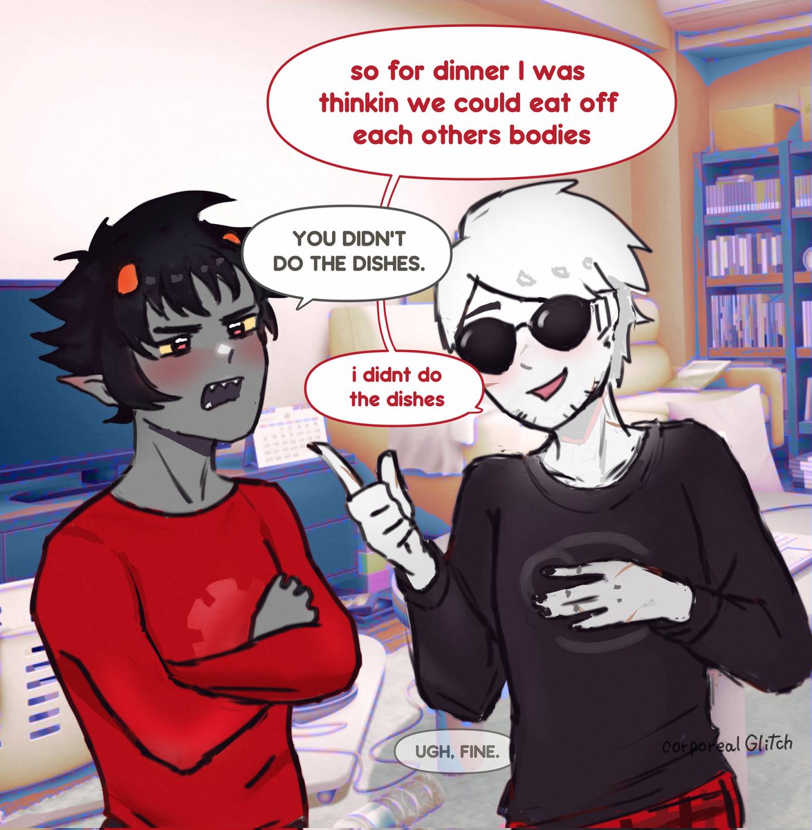 abidingSpiro's tweet image. This is how I imagine the davekat house
Davekatweek day 3: Domestic!
#davekat #homestuck @davekatweek