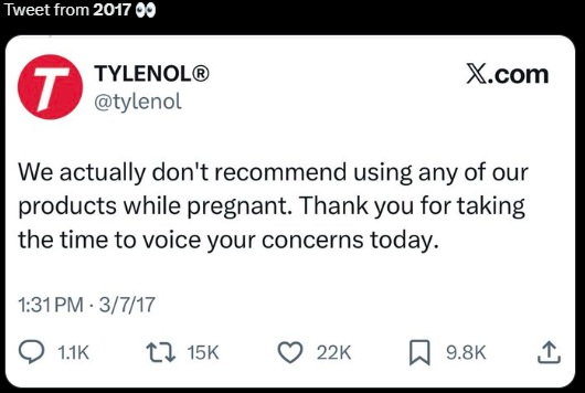 jrazrkc's tweet photo. @DerrickEvans4WV Tylenol told you so! https://t.co/IhTJp2I7kA