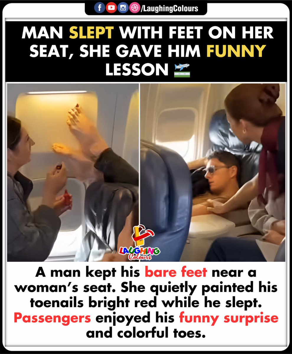 LaughingColours's tweet image. Painted toes on flight 😂

#FunnyPrank #AirplaneStories #TravelHumor #PassengerLife #LOL #ViralFun