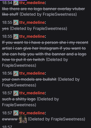 FrapleSweetness's tweet photo. I really do not understand why people feel the need to be so mean, it's not only a stupid way to sell art but also weird.... well whatever, not gonna censor the name in case any small streamer sees this username
#Vtuber #twitch #artbots https://t.co/zAeQM40Cu6