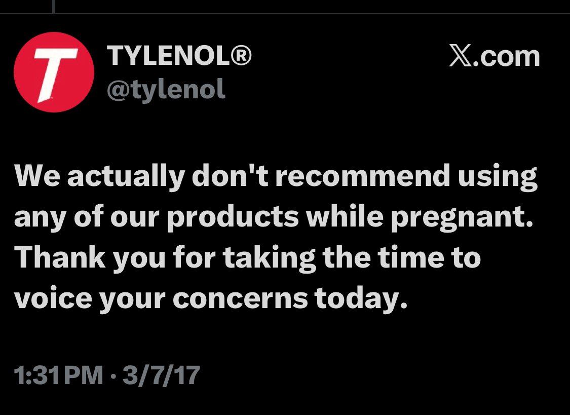 anjewla90's tweet image. I am not saying taking Tylenol while pregnant leads to autism. 

I am saying that Tylenol itself has stated not to take any while pregnant and that they have never tested it on pregnant women.