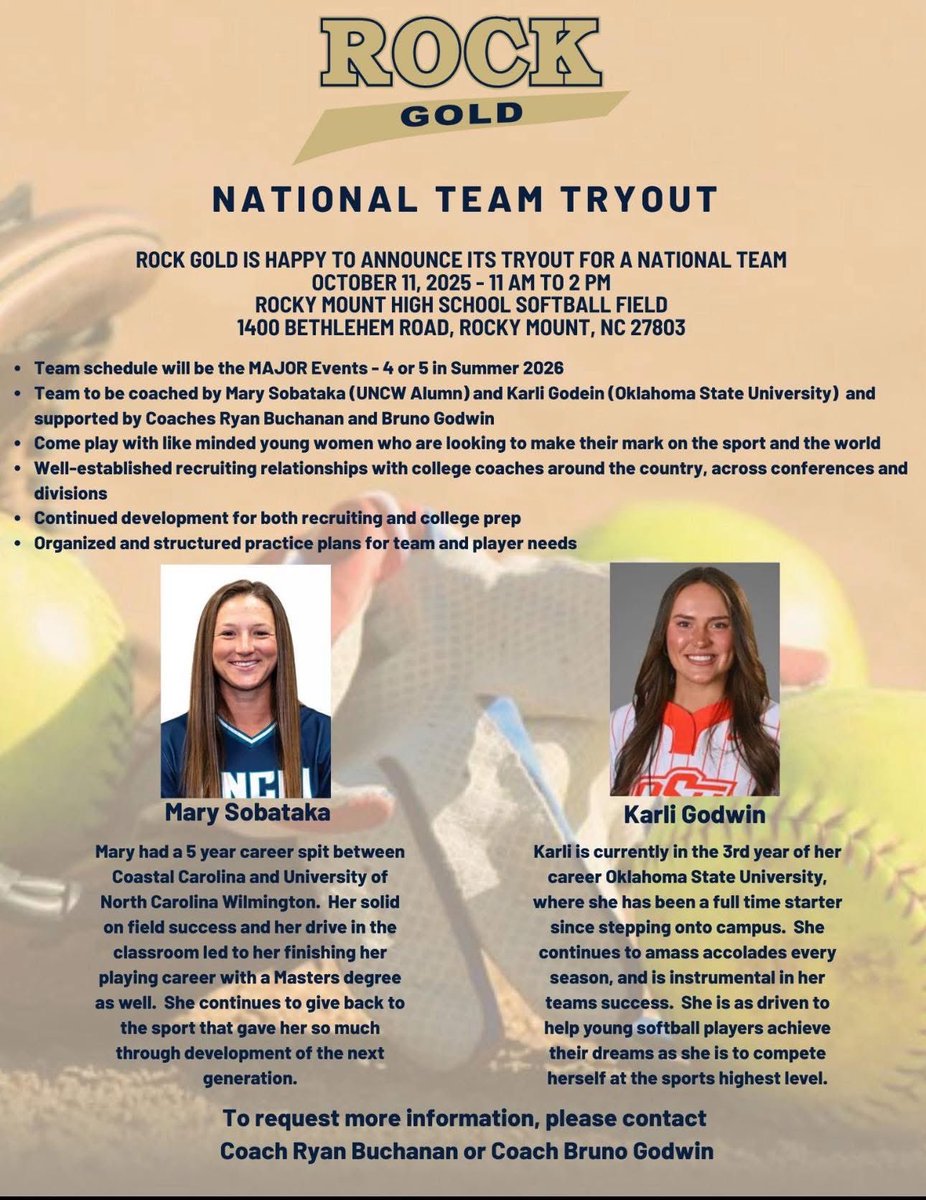 #TogetherWeROCK 
ROCK GOLD IS HAPPY TO ANNOUNCE ITS TRYOUT FOR A NATIONAL TEAM
OCTOBER 11, 2025 - 11 AM TO 2 PM
ROCKY MOUNT HIGH SCHOOL SOFTBALL FIELD
1400 BETHLEHEM ROAD, ROCKY MOUNT, NC 27803