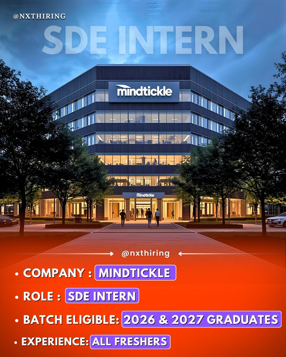 NxtHiring's tweet image. 🚨 SDE INTERNS WANTED!
@mindtickle is hiring SDE Interns for 2026 & 2027 grads -YES, ALL FRESHERS WELCOME! 💻
📍 Apply Link In The First Comment.
👉Follow - @nxthiring
RT if you know someone who needs this!
#SDEIntern #Mindtickle #TechJobs #Freshers #Internship