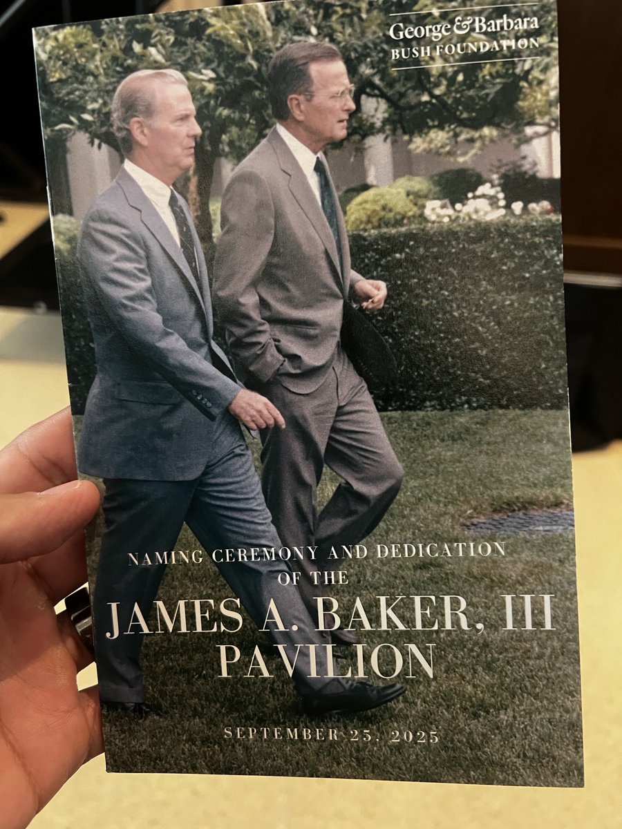 georgepbush's tweet photo. "The man who ran Washington" comes to Aggieland to be honored today at the naming ceremony and dedication of the James A. Baker, III Pavilion at @Bush41Library. It was an honor to be with a true American patriot, diplomat and friend this morning. https://t.co/lvZ9l8vMFl