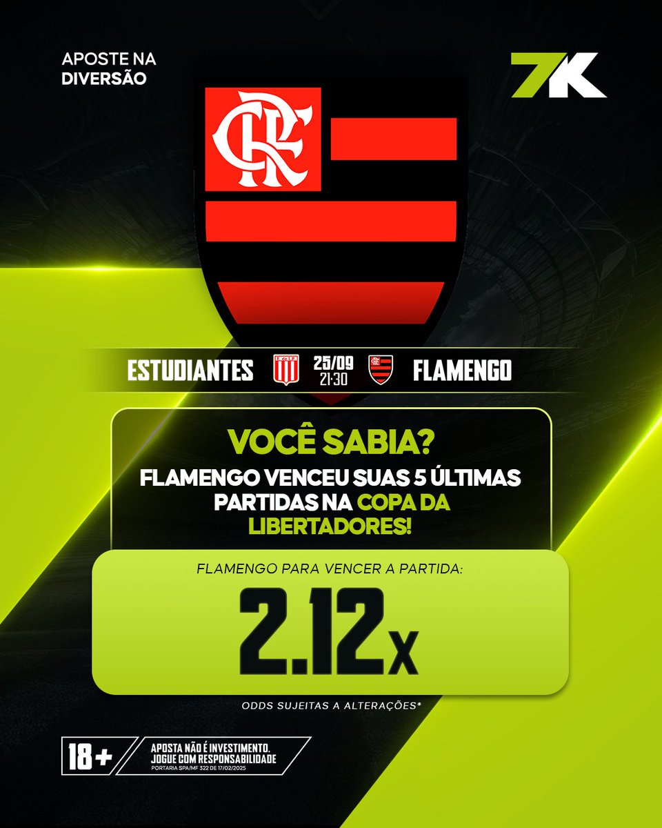 🔥 O Mengão tá voando! São 5 vitórias seguidas na Liberta e hoje tem mais uma chance de brilhar contra o Estudiantes!

👉 Odds 2.12x pro Flamengo vencer 👀
Bora nessa? 👉 7k.bet.br/sports/futebol…

🔞 Aposta não é investimento. Apenas para maiores de 18 anos. Jogue com