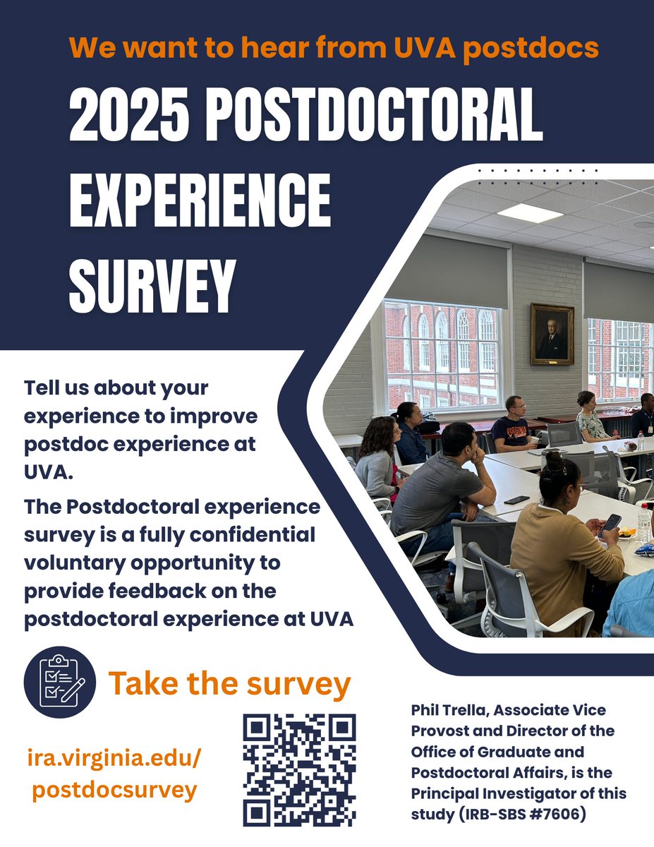 UVAPostdocs's tweet image. 📢 Calling all UVA Postdocs!

The UVA OGPA is launching the first-ever, university-wide survey for postdoctoral scholars at UVA. 🎉

Your voice matters — the more participation we have, the stronger the impact!

👉 Take the survey here: ira.virginia.edu/postdocsurvey