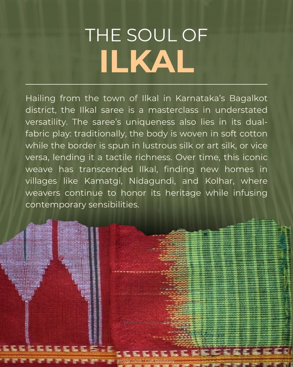 dchandlooms01's tweet image. Ilkal sarees embody conversations through every fold, weaving everyday life into ritual. These sarees blend comfort and elegance with temple-inspired motifs, reflecting a rich heritage. #ministryoftextiles #dchandlooms #myproductmypride #myhandloommypride #gitag #Culture