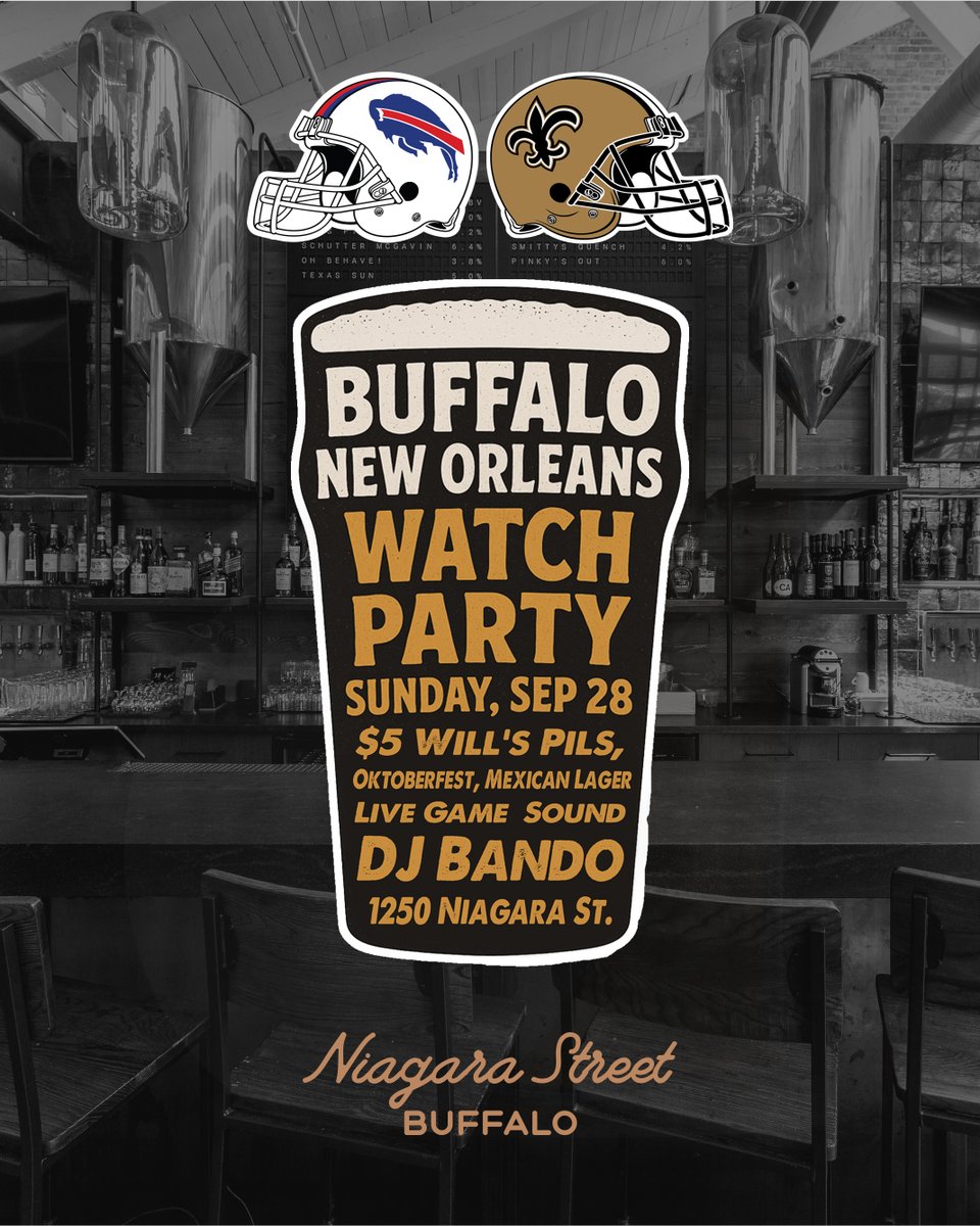 Join us for game day in the city 🍻

$5 select beers and DJ Bando curating the vibes as the Bills take on the Saints. GO BILLS 🦬

📍 1250 Niagara St.