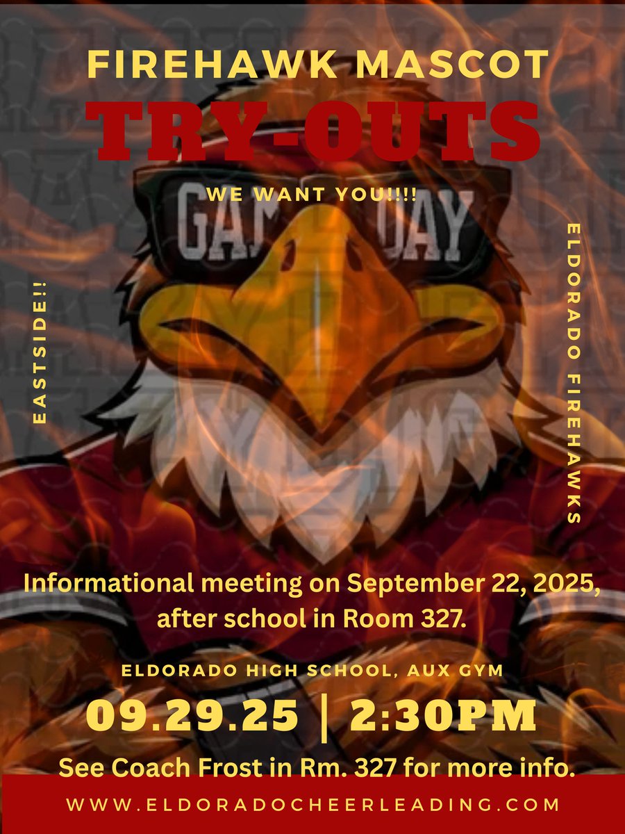 🔥🦅Firehawk Nation! 🦅🔥
Think you've got the spirit to be our FIRST-EVER Mascot?
📍Aux Gym
📅 Sept. 29|⏰️2:30pm
Open to ALL students-no experience needed!
See Coach Frost (Rm. 327) for details.
#FirehawkPride #MascotTryouts #FeartheFlames