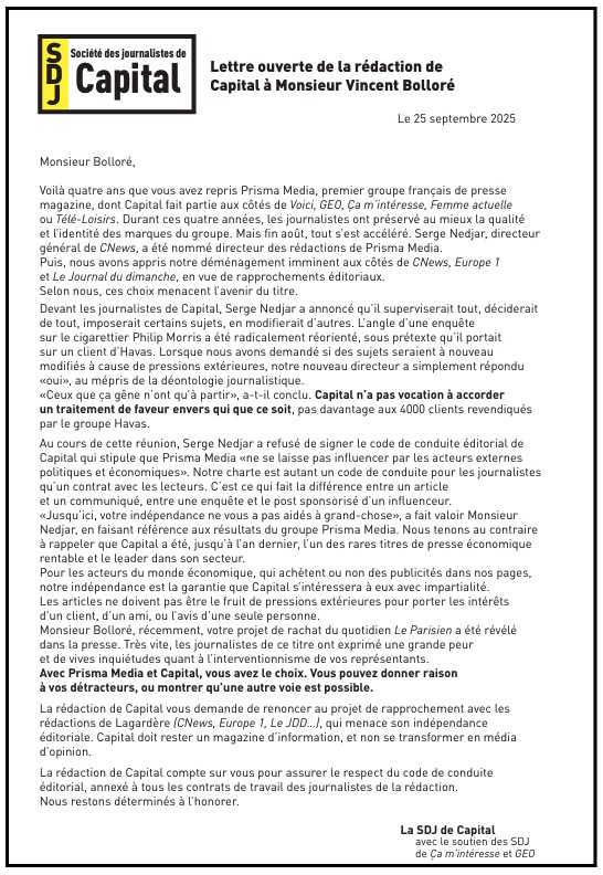 La SDJ de Capital adresse une lettre ouverte à Monsieur Vincent Bolloré.