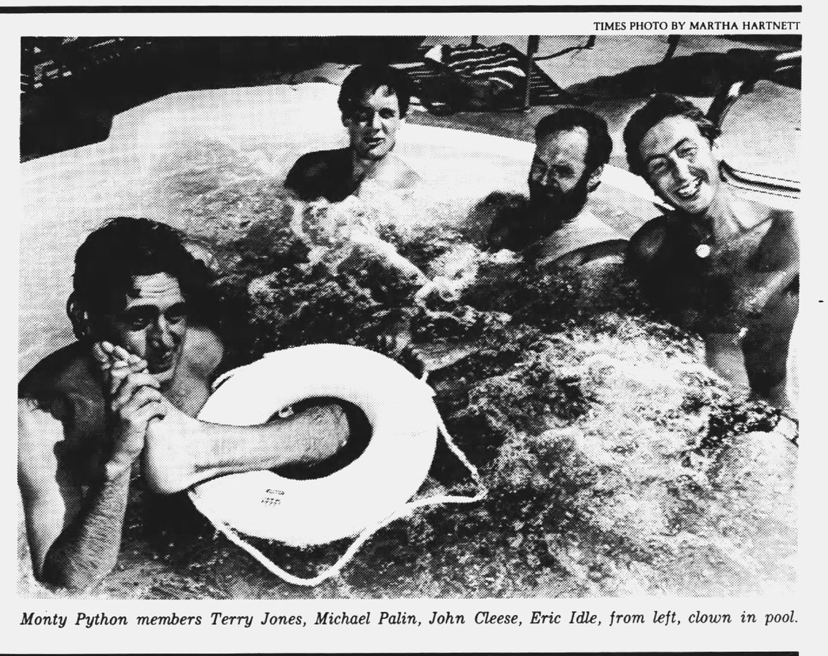 JonTrevithick's tweet image. Terry Jones, Michael Palin, John Cleese and Eric Idle.
Relaxing before the Monty Python Live at the Hollywood Bowl shows in September 1980.