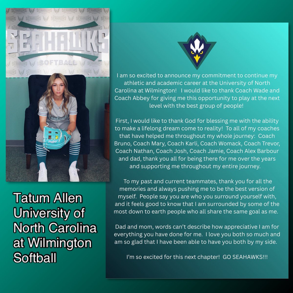 Tatum Allen has verbally committed to attend and play softball at University of North Carolina at Wilmington! We are thrilled for you, Tatum! #TogetherWeROCK  <a href="/tatumallen_00/">Tatum Allen</a> <a href="/UNCWsoftball/">UNCW Softball</a> @UNCWathletics <a href="/UNCWilmington/">UNCW</a>