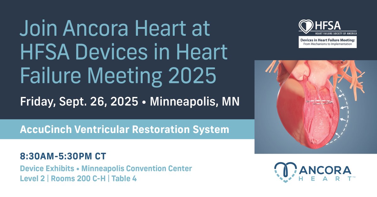 📢 Today’s the day! If you’re at the HFSA Devices in Heart Failure Meeting today, visit us at Table 4, Room C-H, Level 2. We’ll be there discussing the innovative #AccuCinch System for #heartfailure and the ongoing CORCINCH-HF global #clinicaltrial.

#HFSADevicesInHF #HFSA2025