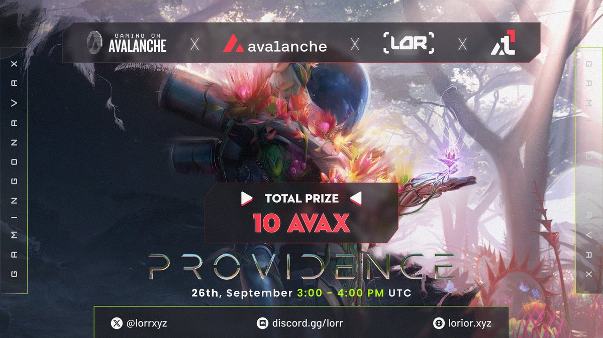 🔺 <a href="/PlayProvidence/">Providence</a> Game Night    

Time: September, 26th 3:00 - 4:00 PM UTC  
Location: Providence Discord    

Download Code: Open a Ticket at Lor Discord to receive the code  

Sponsored by <a href="/GamingOnAvax/">Avalanche Gaming 🔺</a> &amp; <a href="/Avalanche_vn/">Avalanche Việt Nam 🔺🇻🇳</a>
Organized by <a href="/lorrxyz/">Lor</a>

Total Prize Pool: 10 $AVAX   

How
