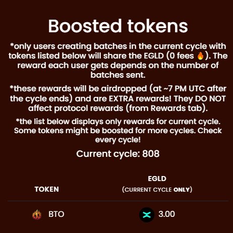 BurnToOne's tweet image. 🎺It’s time to boost those Batches!

🔥For the next 5 days, $BTO will be boosted with 3 $EGLD daily in @BurnifyApp!

⁉️How much $BTO can we burn?!

🎁@PulsarMvX send 0,1 BFY to 100 reactions