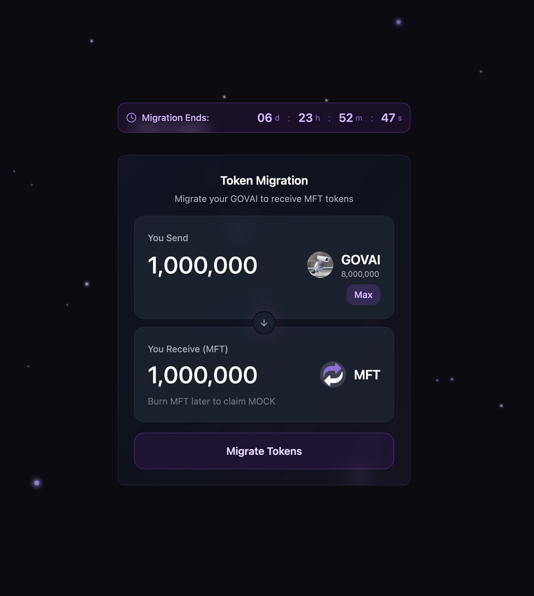 The $GOVAI to $MOCK migration is live 🚀 

Head over to the awesome <a href="/MigrateFun/">Migrate.Fun</a> app here: migrate.fun/migrate/mig25

Exchange your $GOVAI balance for an equal amount of MFT, which will be burned for $MOCK after the 7 day migration is complete.