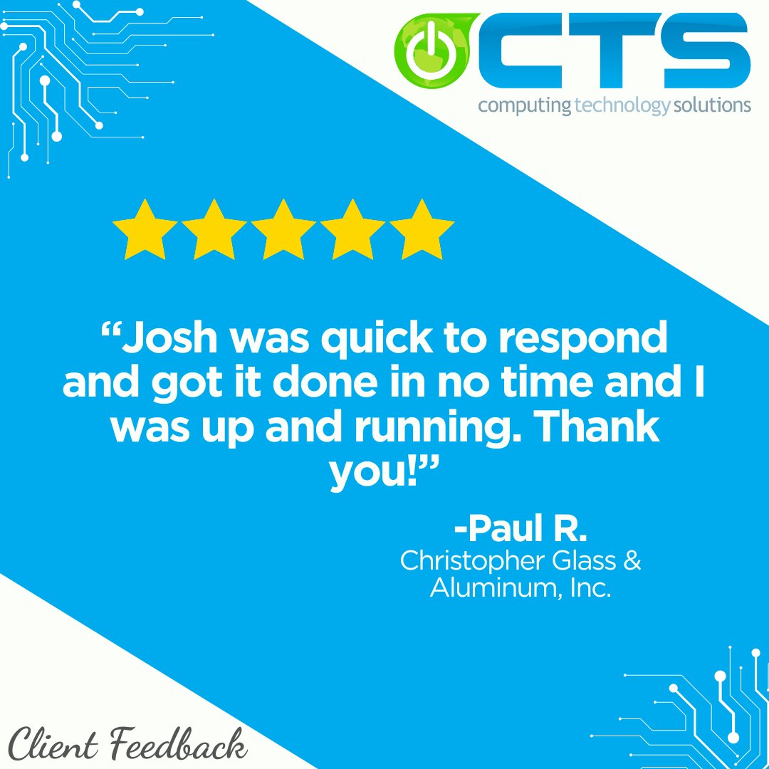 ComputingTech's tweet image. Paul, thank you! It is a pleasure helping resolve our client’s technology needs quickly and accurately! #onlineCTS.com #ObsessiveClientFocus #BestClientsEver #ClientTestimonial #ClientFeedback #HappyClients #ITSupport #ITConsulting #MSP #ManagedServiceProvider
