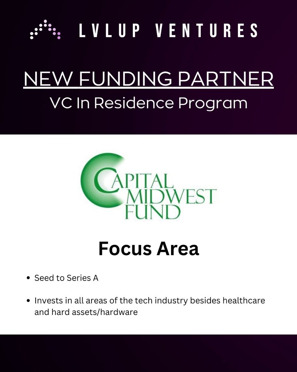 🚀 LvlUp Ventures welcomes Capital Midwest Fund! They back early revenue–stage software &amp; tech-enabled startups at Seed/Series A (excluding healthcare &amp; hardware). Founders raising now can apply for funding via our Super App 👉 lvlup.vc/apply/funding-… #Seed #Startupfunding #LvlUp