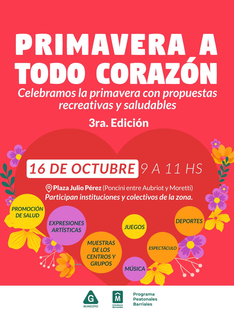 Primavera a todo corazón ❤️

Se realiza la tercera edición de esta actividad 🙌🏼 llena de expresiones artísticas, juegos, música, muestras de diversos centros y grupos participantes.

📍 Plaza Julio Pérez (Poncini entre Aubriot y Moretti) - 9 a 11hs

Les esperamos!!

#EsContigo