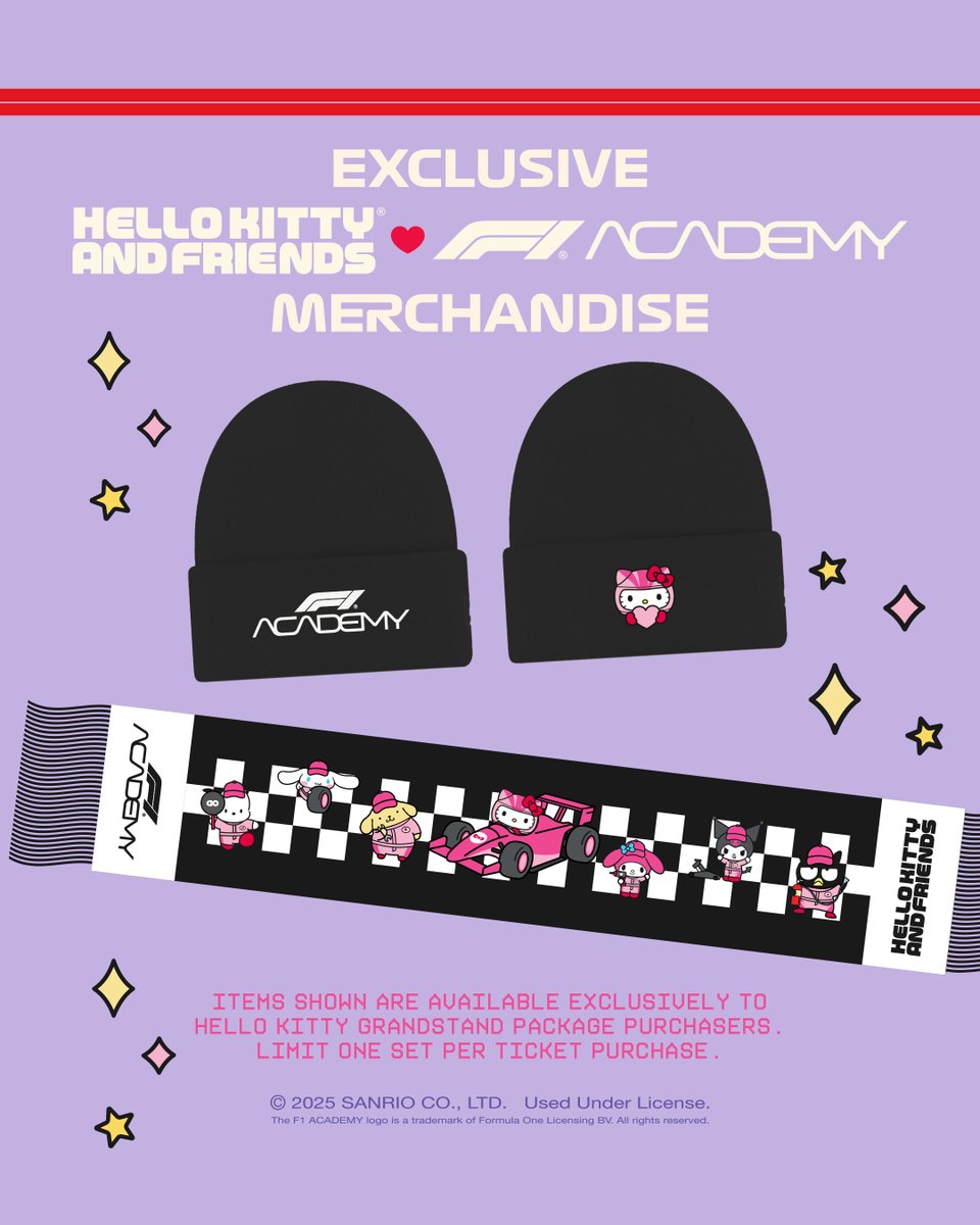 sanrio's tweet photo. Hello Kitty is heading to @f1lasvegas! ✨ Introducing the Hello Kitty Grandstand Package at the #LasVegasGP 💜💖   

From exclusive merch to @f1academy paddock access and special Hello Kitty + driver appearances. Be there Nov 20-22!  

Get tickets now! 🎟️ https://t.co/wuefSUsBad https://t.co/9njLTfq6pP
