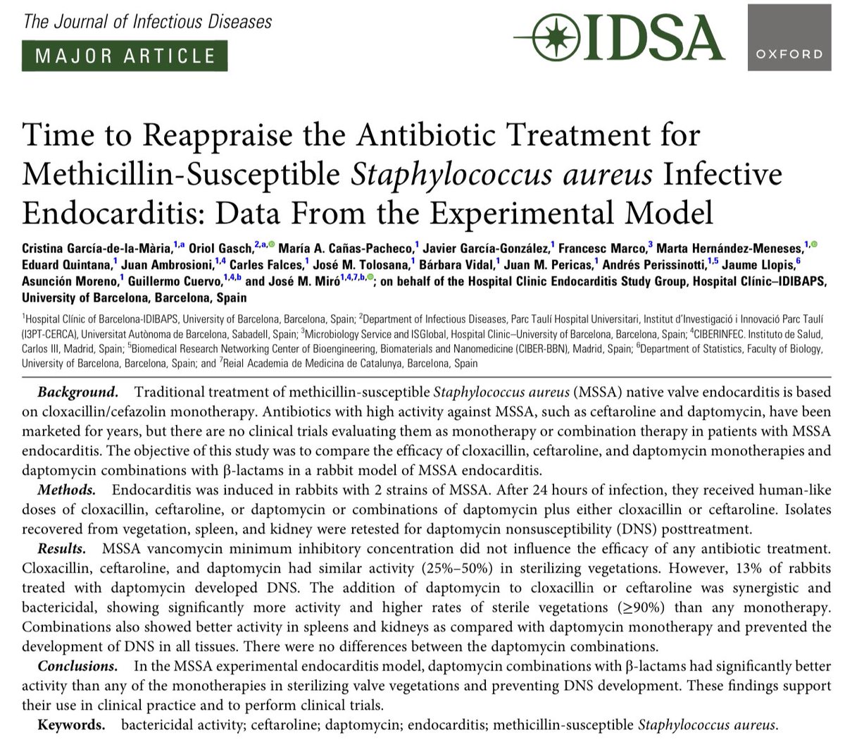 In the S. aureus methicillin-susceptible experimental #endocarditis model, daptomycin combinations with β-lactams had better activity than monotherapies in sterilizing valve vegetations. These findings support their use in clinical practice <a href="/hospitalclinic/">Hospital Clínic</a> academic.oup.com/jid/article-ab…