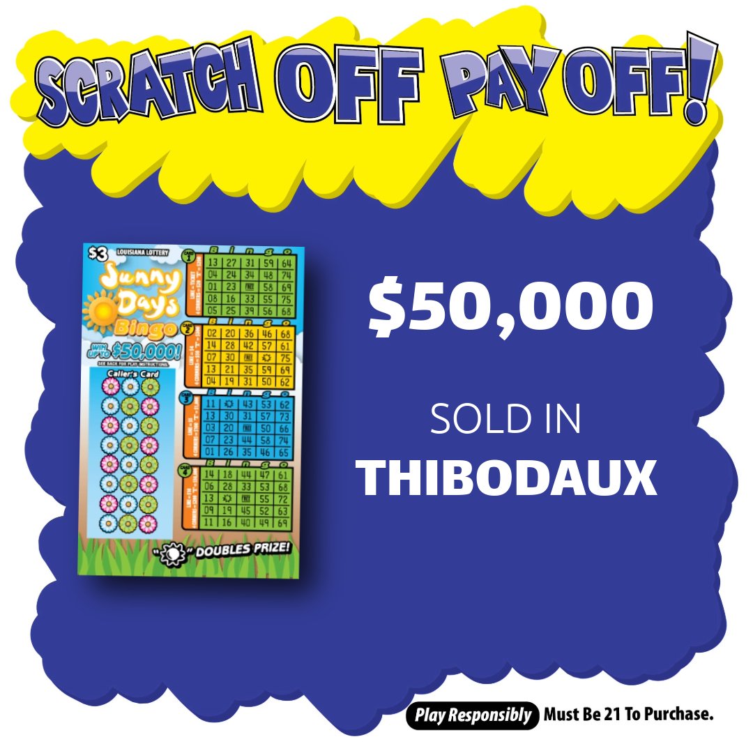 Congrats to Colonel’s Grill on Park Ave. in #Thibodaux! 🎉

They recently sold a $50,000 prize-winning Sunny Days Bingo #ScratchOff! 🤩

👉 brnw.ch/21wW61c
