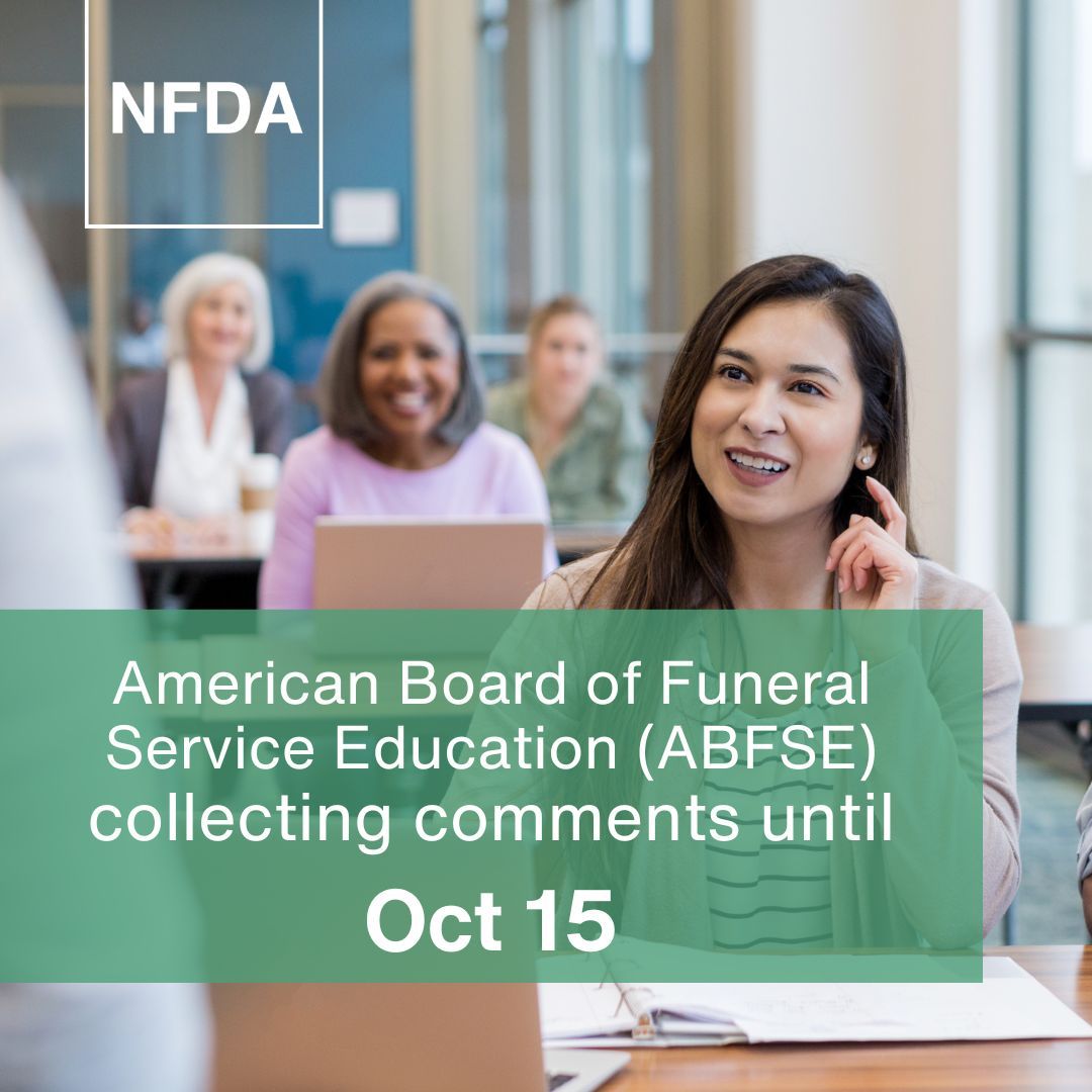 NFDA's tweet image. 📣 The American Board of Funeral Service Education (ABFSE) is asking for your input.
Learn more and submit comments: 
nfda.org/news/in-the-ne… 🌐

#NFDA #FuneralService #FuneralDirector #MorticianLife