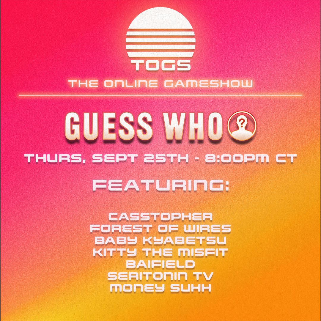 Bringing TOGS back in the spotlight! Looking for (1) streamer/content creator to participate in a live game show on Twitch!

If you’re interested and are available, DM me! 
@TheOnlyGameShow @YDZGroup | #TOGSisBACK