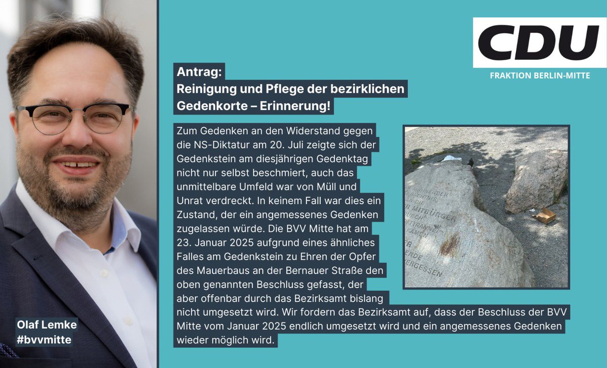 Unser Antrag zur (mangelhaften) Pflege der bezirklichen Gedenkorte wurde zur weiteren Beratung von der BVV Mitte in den zuständigen Fachausschuss überwiesen.
#bvvmitte