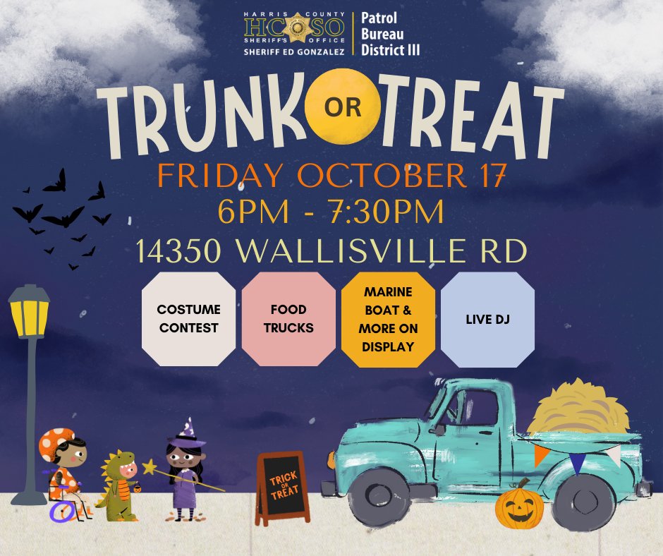 Captain James Lovett (@hcso_d3patrol) on Twitter photo It's that time of year again. Mark your calendars for our annual Trunk or Treat. Come out and get your SPOOKY on. For more information use the link below.
drive.google.com/file/d/14YGBF5…
<a href="/SheriffEd_HCSO/">Ed Gonzalez</a>
<a href="/HCSO_EastPatrol/">Major Joseph A. Blendermann</a> It's that time of year again. Mark your calendars for our annual Trunk or Treat. Come out and get your SPOOKY on. For more information use the link below.
drive.google.com/file/d/14YGBF5…
<a href="/SheriffEd_HCSO/">Ed Gonzalez</a>
<a href="/HCSO_EastPatrol/">Major Joseph A. Blendermann</a>
