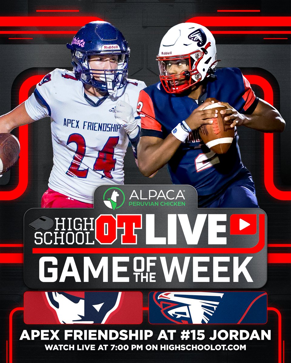 This week's HighSchoolOT Game of the Week, presented by Alpaca Peruvian Chicken, features an undefeated matchup.

5-0 Apex Friendship hits the road to take on No. 15 Jordan in a playoff rematch from last fall.

Tune in live at 7:00 PM on HighSchoolOT.com.

Details: