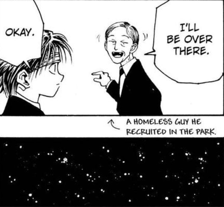 Omg Chrollo is helping Yorknew's homeless population find employment he's such a nice guy 🥹