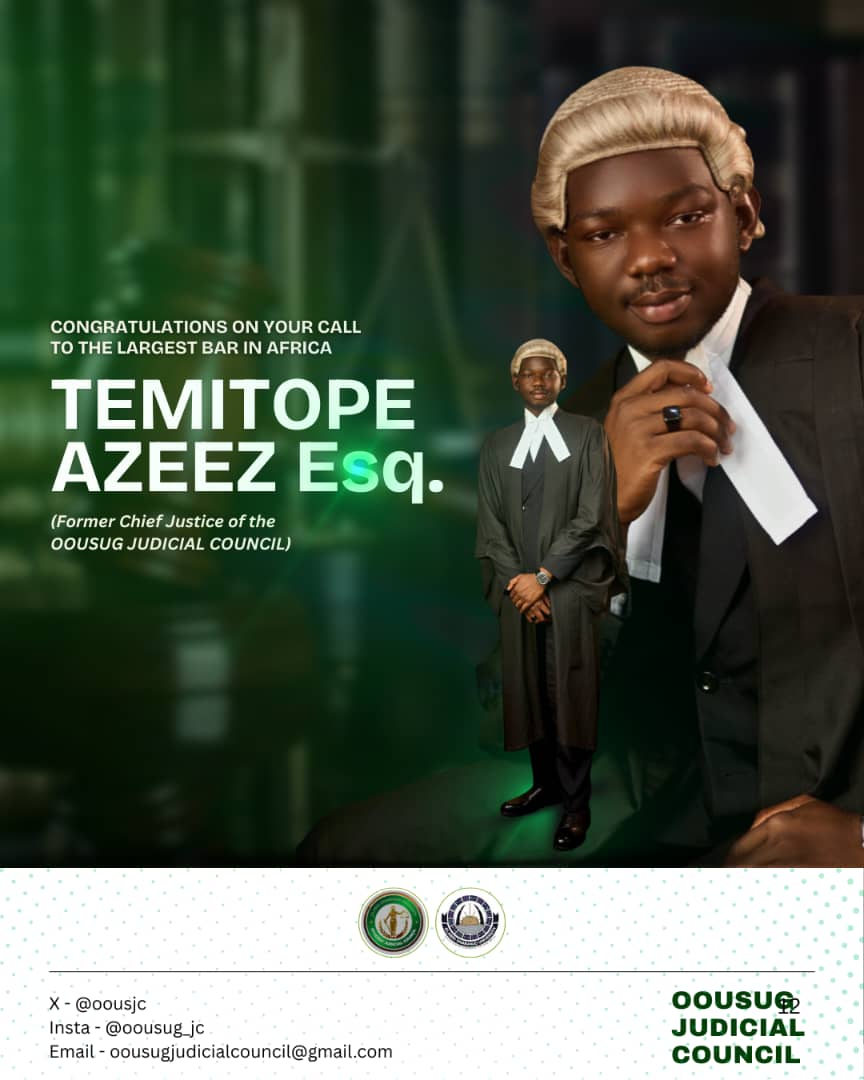 oousjc's tweet photo. The OOUSUG Judicial Council warmly congratulates you, our esteemed former Chief Justice, Temitope Azeez Esq., on your successful call to the Nigerian Bar.

This milestone is a testament to your dedication, resilience, and commitment to justice, which you demonstrated throughout https://t.co/v12gy5Apgj