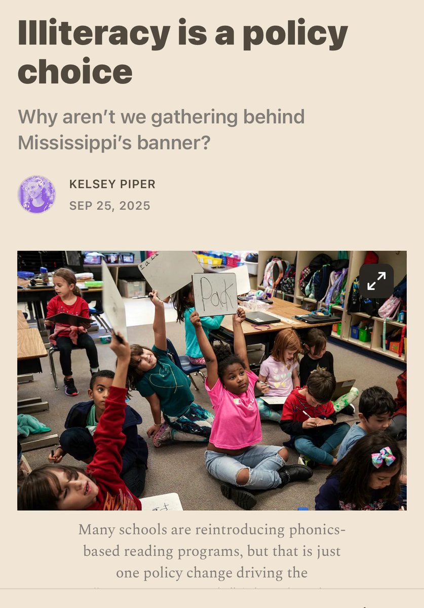Illiteracy is a policy choice: 

Good piece from <a href="/KelseyTuoc/">Kelsey Piper</a> documenting how kids in blue states are falling behind despite massive spending because education officials are ignoring the lessons from southern states that turned things around. 

theargumentmag.com/p/illiteracy-i…