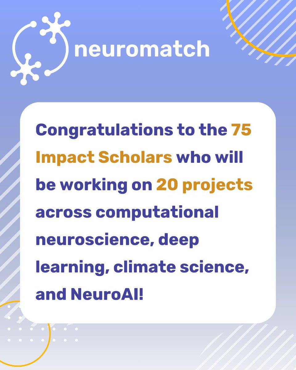 neuromatch's tweet image. We’re thrilled to welcome the 2025–2026 Neuromatch Impact Scholars! 🤓 🎉
75 scholars across #ComputationalNeuroscience, #DeepLearning, #NeuroAI, & #ClimateScience driving research & global impact together.
➡️ Learn more: buff.ly/050Nl2I