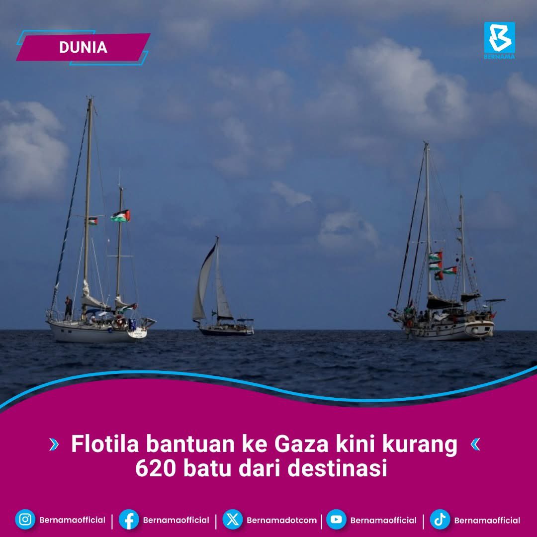 Flotila bantuan menuju ke Gaza memaklumkan pada Khamis yang mereka kini berada kurang 1,000 kilometer (621 batu) dari enklaf Palestin itu ketika misi mereka untuk mencabar sekatan jangka panjang Israel diteruskan, lapor Anadolu Ajansi.

bernama.com/bm/dunia/news.…

#Gaza 
#flotila
