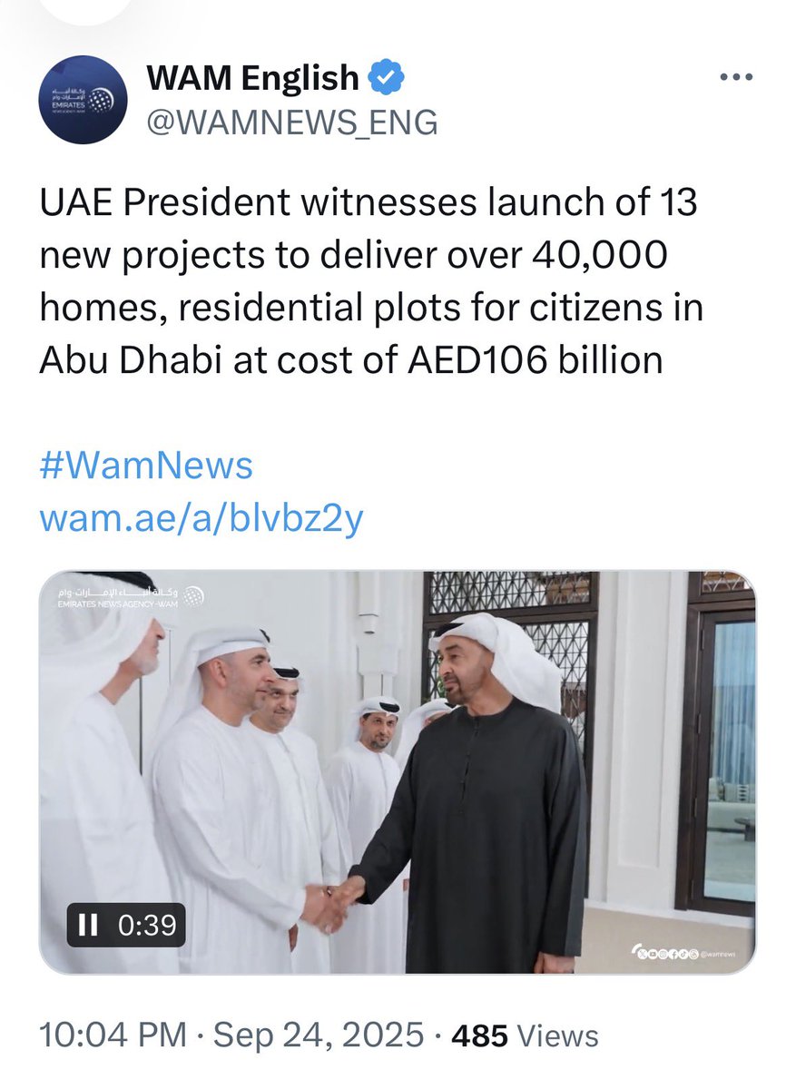Abu Dhabi launches Dh106 billion plan to build 40,000 homes for Emiratis” — The National
Abu Dhabi on Wednesday announced a Dh106 billion master plan to develop 13 new residential communities featuring more than 40,000 homes and land plots for Emiratis.

Our wise leadership, led