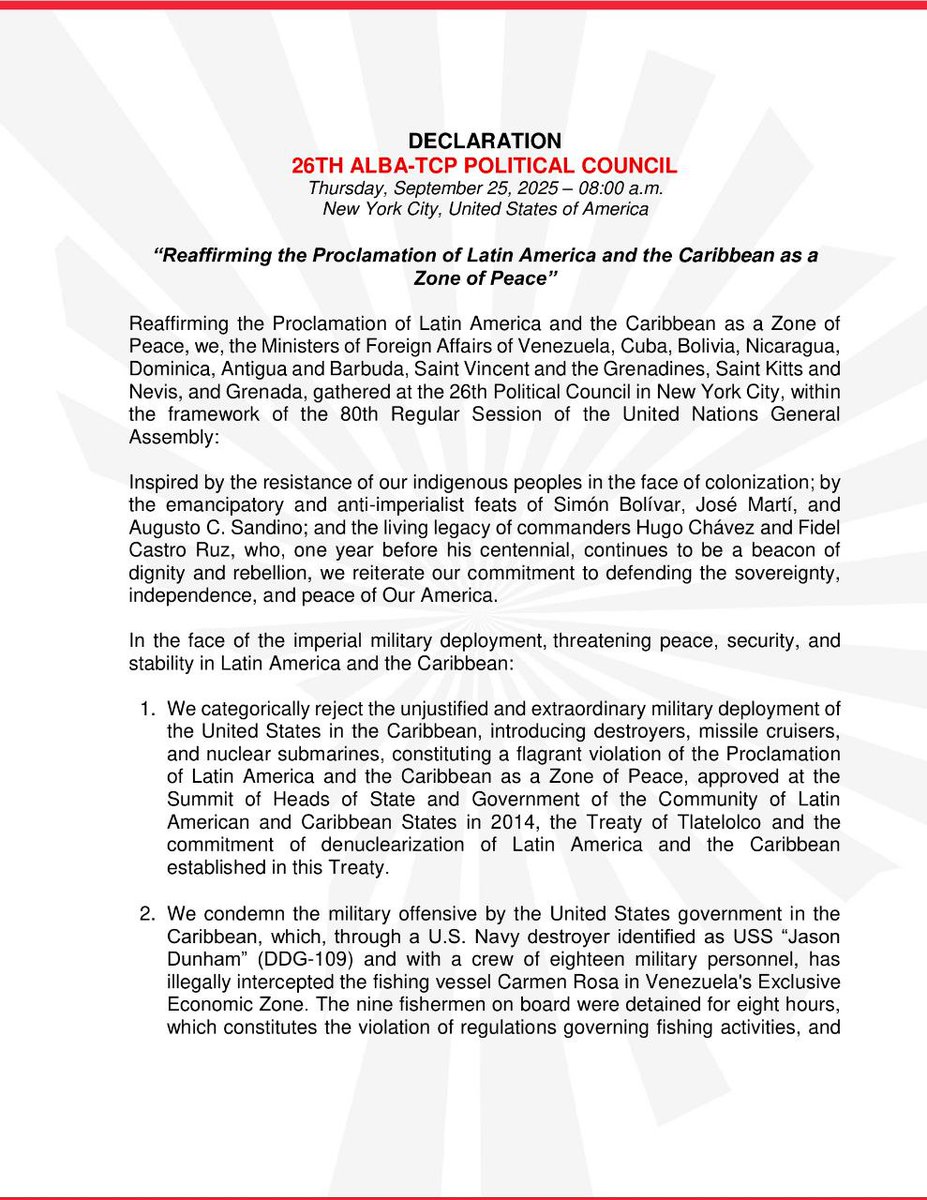 churritafree2's tweet image. #Declaration 📄 The 26th Political Council of ALBA-TCP reaffirms the Proclamation of Latin America and the Caribbean as a Zone of Peace.

Inspired by the resistance of our  indigenous peoples in the face of colonization; by the emancipatory 
#UnidosNosotrosVenceremos
🇻🇪✨