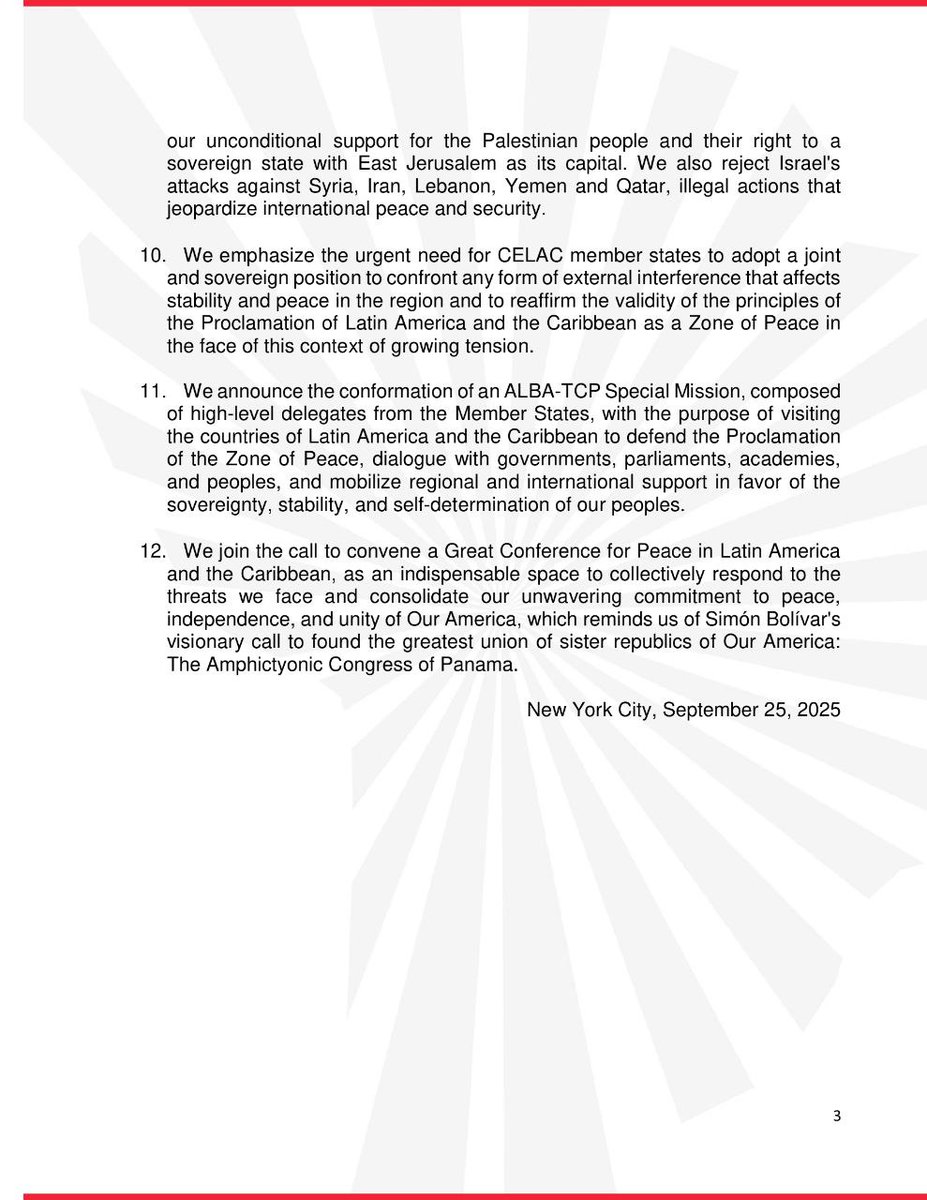 churritafree2's tweet image. #Declaration 📄 The 26th Political Council of ALBA-TCP reaffirms the Proclamation of Latin America and the Caribbean as a Zone of Peace.

Inspired by the resistance of our  indigenous peoples in the face of colonization; by the emancipatory 
#UnidosNosotrosVenceremos
🇻🇪✨